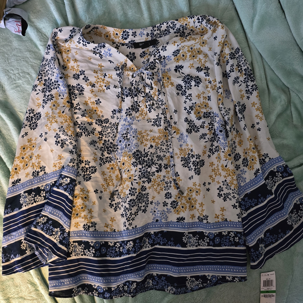 Style & Co. Floral Lace-Up Blouse in Blue and Yellow